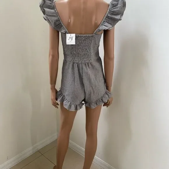 NEW LOVESHACKFANCY Revole Lucy black and white gingham ruched back romper 0